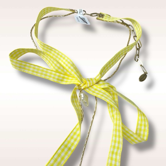 Free People Sitting Pretty Bow Choker Necklace in Yellow Gingham Picnic Spring - Picture 7 of 10